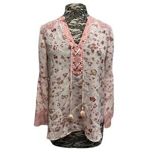 Hale Bob Pink Silk Boho Peasant Top Flowy Pink Paisley Leopard Flounce Sleeves M